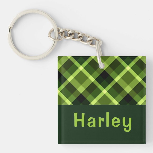 Llavero Elegante Pea Green Plaid Monograma Square Keychain (Frente)