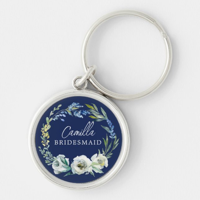 Llavero Elegante Personalizado floral azul de la marina re (Frente)