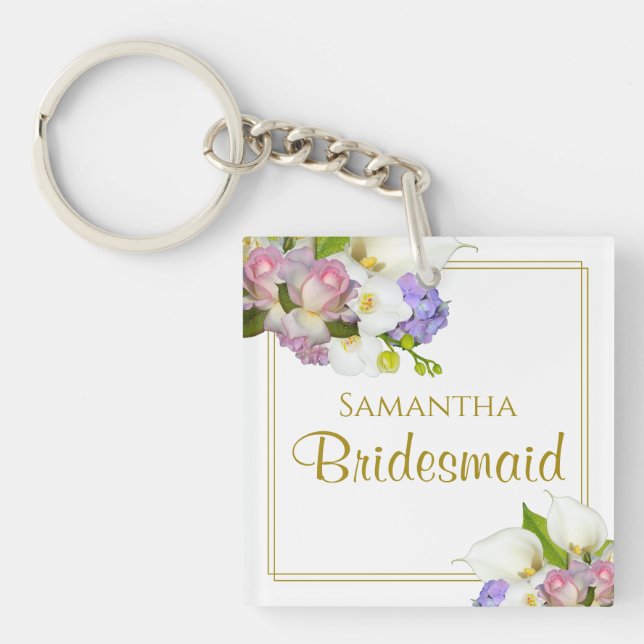 Llavero Elegante Primavera Floral Bridesmaid Favor con nom (Frente)