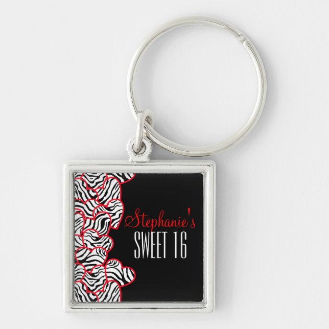 Llavero Elegante Red Sweet 16 Zebra Heart Design Name (Frente)