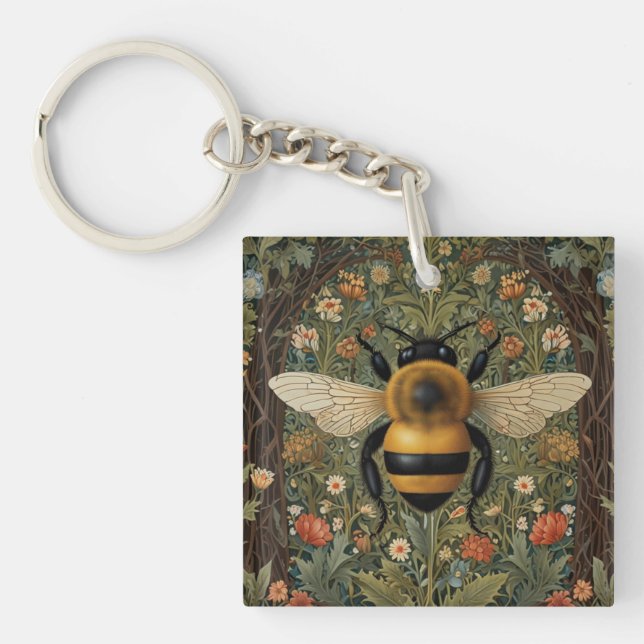 Llavero Elegante retro bumblebee boho arte floral botánico (Frente)