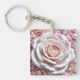 Llavero Elegante Rosa Blanca y Perlas Rosadas Brillantes