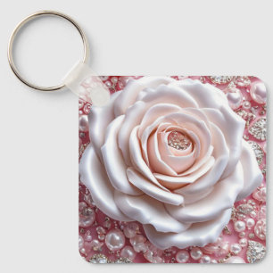 Llavero Elegante Rosa Blanca y Perlas Rosadas Brillantes