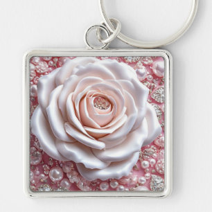 Llavero Elegante Rosa Blanca y Perlas Rosadas Brillantes