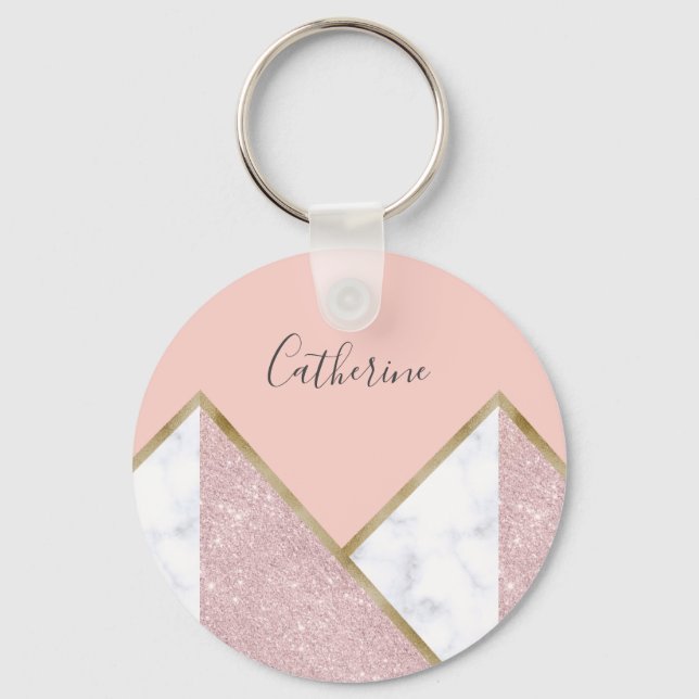 Llavero Elegante rosa geométrico oro purpurina mármol blan (Anverso)