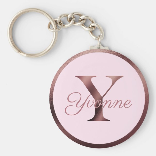 Llavero Elegante Rosa metálico rosado Monograma de oro Y (Frente)