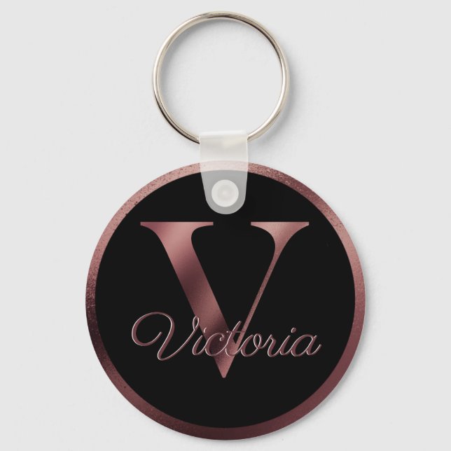 Llavero Elegante Rosa personalizado Monograma de oro V (Anverso)