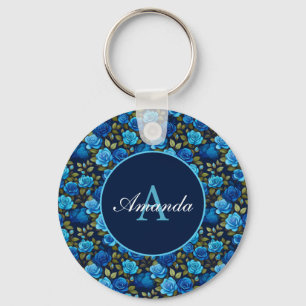 Llavero Elegante Rosas azules Patrón floral Monogramado Fo