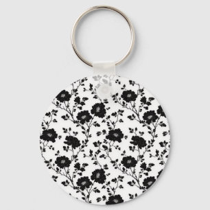 Llavero Elegante Silueta Floral Botánica en Blanco y Negro