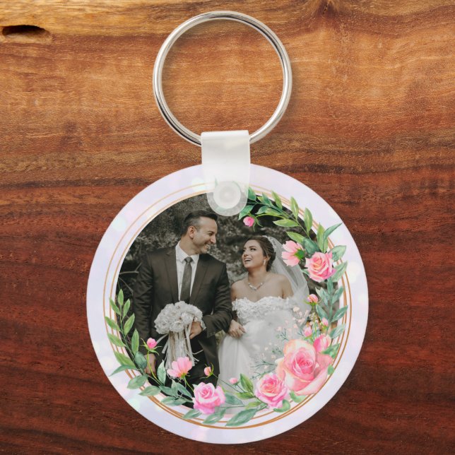 Llavero Elegante Sr. y Sra. Rubor Boda de Flores Rosa (Reverso )