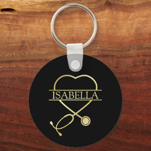 Llavero Elegante Stethoscope Oro Negro Nombre de Añadir