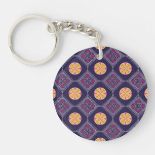 Llavero Elegante Tela Púrpura con Patrón Floral Amarillo