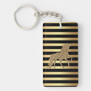 Llavero Elegante Unicornio con Brillo de Oro, Rayas Dorada