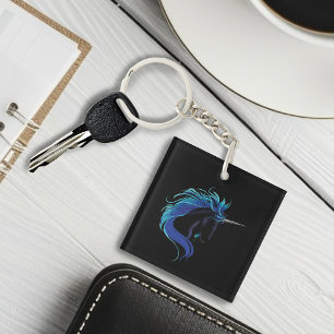 Llavero Elegante Unicornio Negro Fantasía Mágica Azul Plat