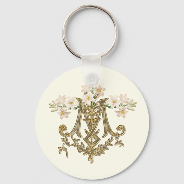 Llavero Elegante Virgin Mary Gold Marian Cross Lilies Card (Anverso)