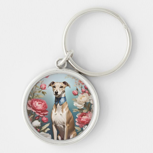 Llavero Elegante Whippet Pink Peony Flores fondo azul (Frente)