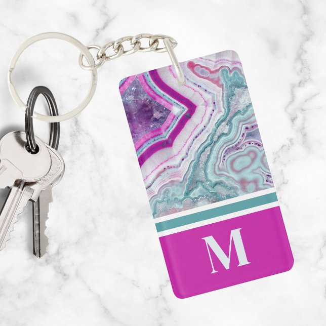 Llavero Elegante y elegante Agate Primer Monograma (Stylish Teal Magenta Pink Agate Stone Monogram Keychain)