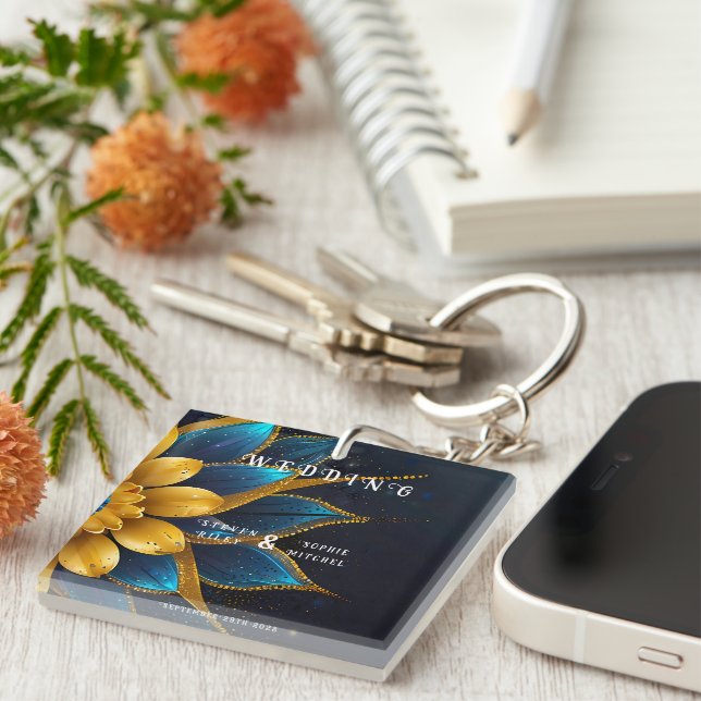 Llavero Elegante zafiro y Boda floral de oro (Frente Derecha)