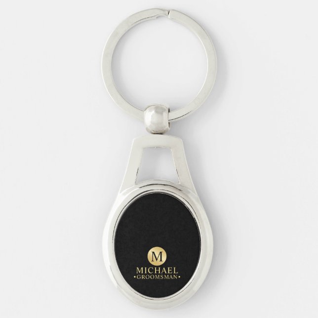 Llavero Elegantes Groomsmen Personalizados en Negro y Oro (Anverso)