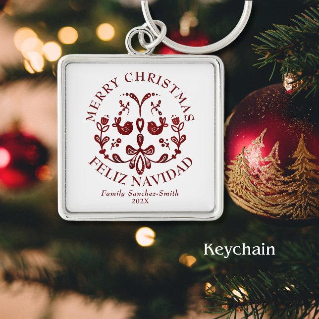 Llavero Elegantes Navidades bilingües de Borgoña (Bilingual Spanish Christmas keychain, gift. personalized text & familiy name. Multilingual Project)