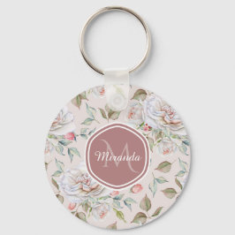 Llavero Elegantes Rosas de crema Monograma y nombre floral
