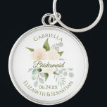 Llavero Elegantes Rosas de Ivory Peach Bridesmaid Boda Key<br><div class="desc">Estas cadenas están diseñadas para dar como favores a las damas de honor en tu fiesta de bodas. Cuentan con un bonito diseño acuático pintado a mano con un ramo de rosas de color melocotón marfil, hojas de eucalipto y vegetación, con una pancarta blanca que cruza el centro y que...</div>