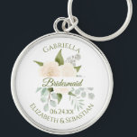 Llavero Elegantes Rosas de Ivory Peach Bridesmaid Boda Key<br><div class="desc">Estas cadenas están diseñadas para dar como favores a las damas de honor en tu fiesta de bodas. Cuentan con un bonito diseño acuático pintado a mano con un ramo de rosas de color melocotón marfil, hojas de eucalipto y vegetación, con una pancarta blanca que cruza el centro y que...</div>