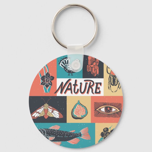 Llavero Elementos Naturales, Iconos De Estilo Retro. (Anverso)