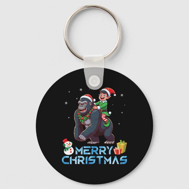 Llavero Elf Riding Gorilla Snowman presenta Feliz Navidad (Anverso)