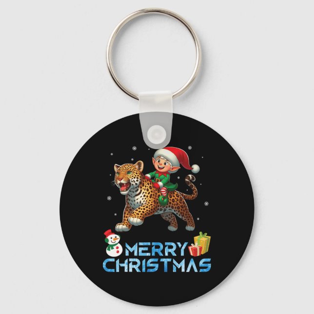 Llavero Elf Riding Leopard Snowman presenta Feliz Navidad (Anverso)