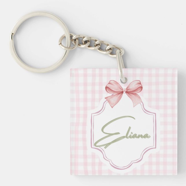 Llavero Eliana Personalizada Pink Bow & Gingham Print (Frente)