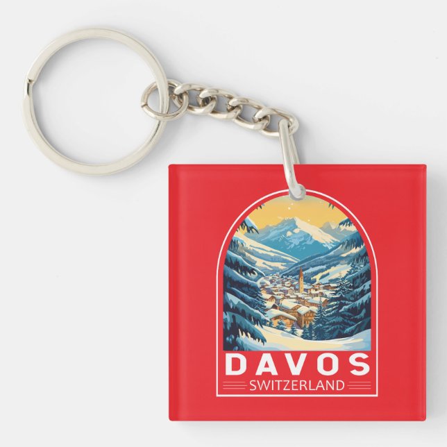 Llavero Emblema de arte de viajes de Davos Suiza (Frente)
