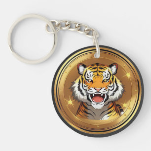 Llavero Emblema de cabeza de tigre en fondo circular dorad
