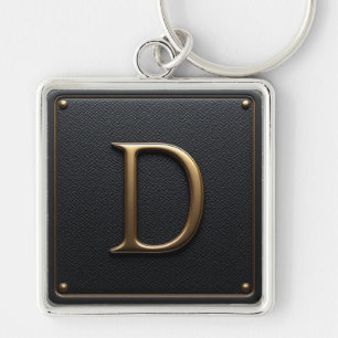 Llavero 🔑 Emblema de marco inicial D dorado en cuero negr