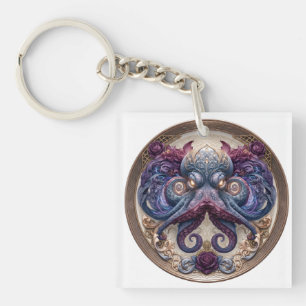 Llavero Emblema de pulpo steampunk con rosas púrpura