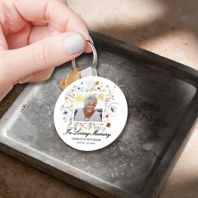 Llavero En la memoria amorosa foto conmemorativa flores si (In Loving Memory Photo with wildflowers keepsake double-sided keychain)
