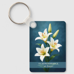 Llavero En recuerdo en Pascua Lirios blancos sobre azul