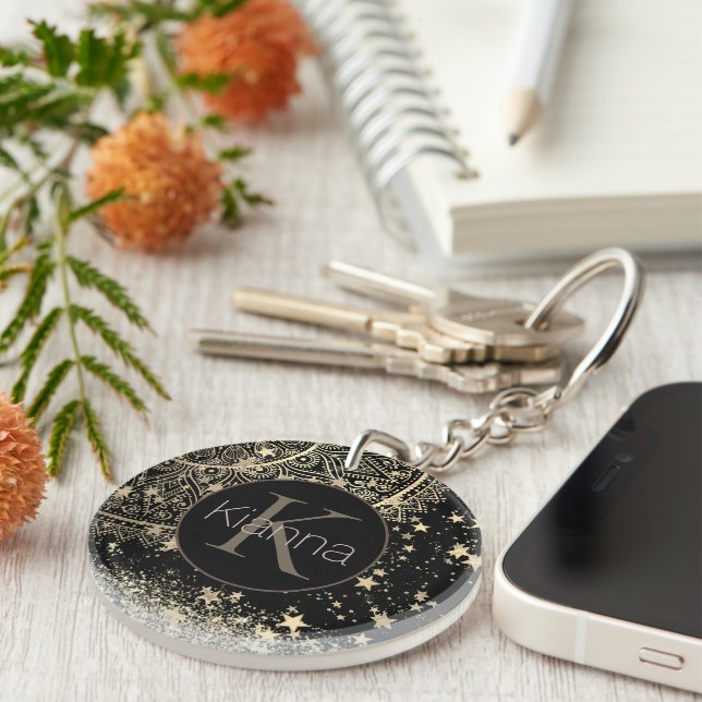 Llavero Encantador Mandala con estrellas de oro personaliz (Frente Derecha)