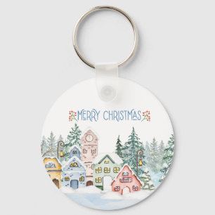 Llavero Encantador pueblo nevado Navidad acuarela