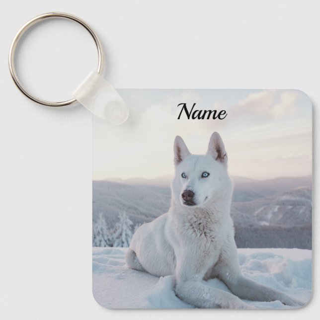 Llavero Encantando Perro Husky Blanco en la nieve (Anverso)