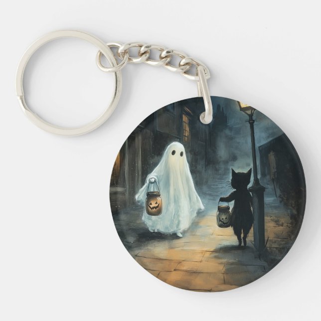 Llavero Encuentro de Fantasma y Gato de Halloween (Frente)