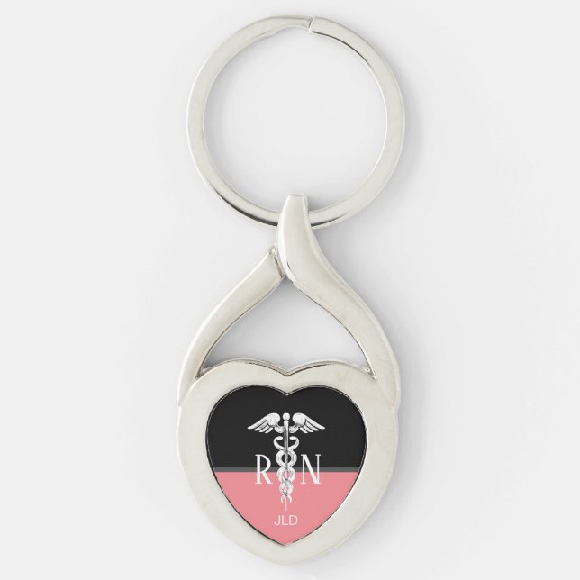 Llavero Enfermera RN Caduceus Medical Silver Monograma Cor (Anverso)