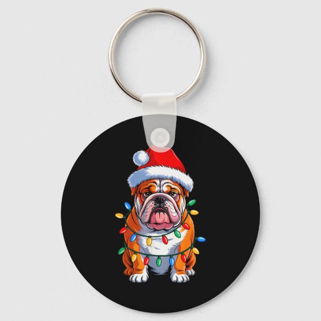 Llavero English Bulldog Dog Christmas Lights Santa Hat Xma (Anverso)