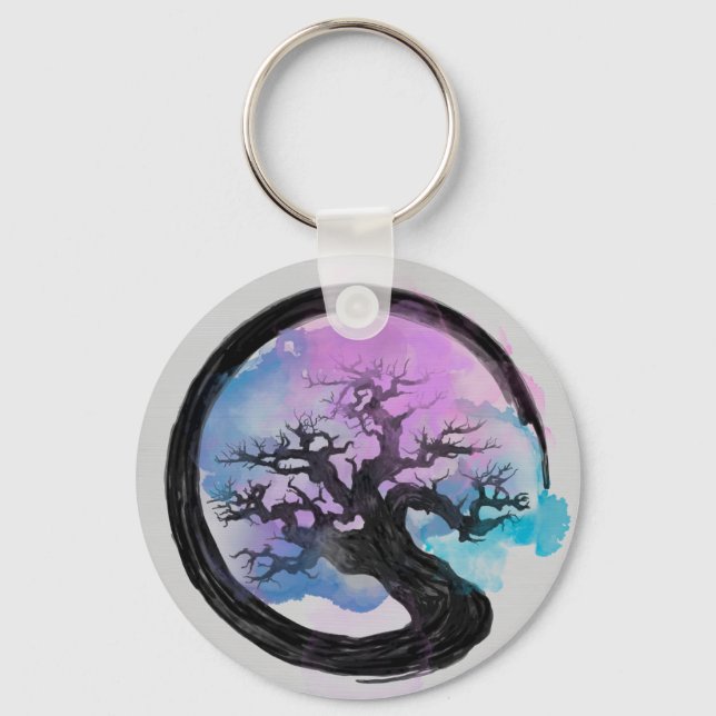 Llavero Enso Zen Circle y Bonsai Tree Alcohol Ink (Anverso)