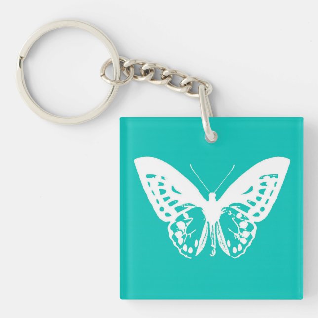 Llavero Esbozo de mariposa, turquesa y blanco (Frente)