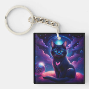 Llavero Escena de fantasía gatito negro hermosos ojos azul