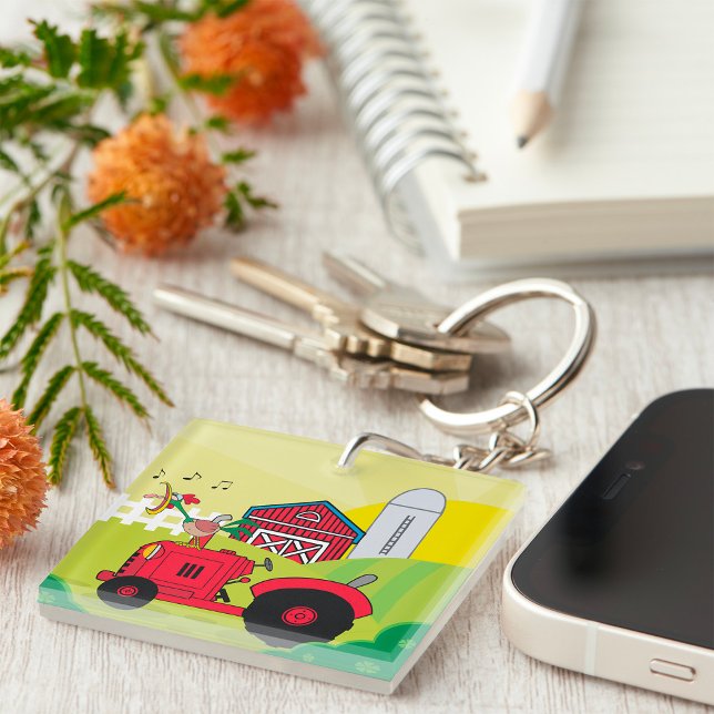 Llavero Escena de granja con gallo de canto en el tractor (Subido por el creador)