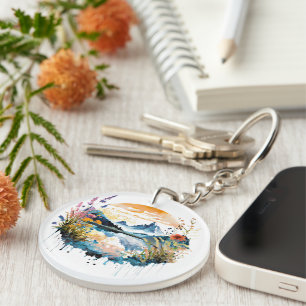 Llavero Escena de montaña en acuarela