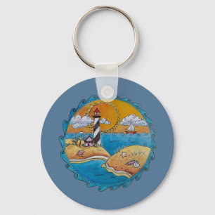Llavero Escena de playa de faro caprichosa Arte popular co