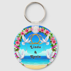 Llavero Escena de playa romántica con arco floral